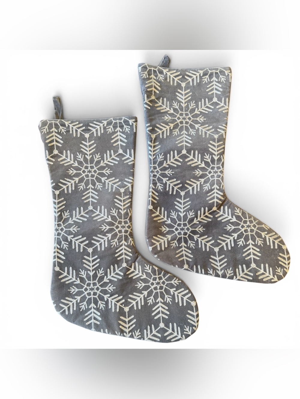 Max Studio Gray (2) Velvet Silver Thread Snowflakes Christmas Stocking 19.5 in
